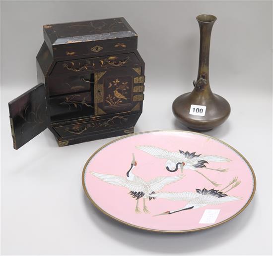 A lacquer Cabinet, cloisonne plate & bronze frog vase